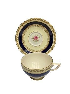 Vintage Crown Ducal Demitasse Teacup & Saucer Pink Rose Cobalt Blue Set